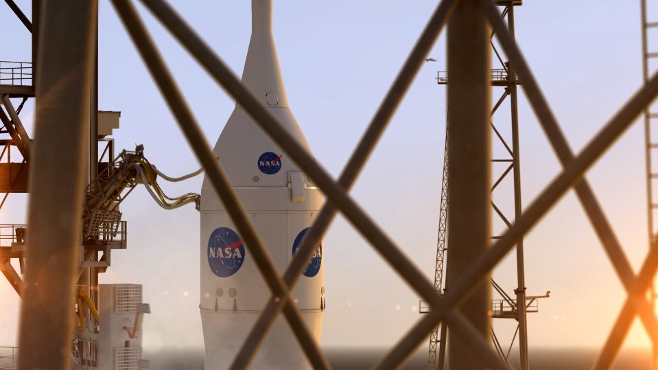 Screenshot from a 3D animation of an Artemis launch showing the Orion capsule